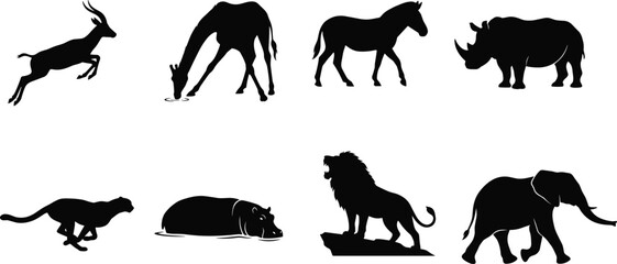 Wild safari animals vector icon set featuring black silhouettes of African wildlife including lion elephant giraffe cheetah and rhinoceros © Saminur