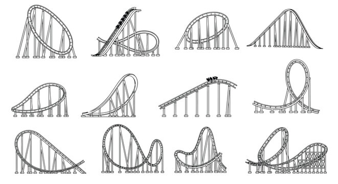 Detailed set of various roller coaster track designs in a line art style for amusement park planning and entertainment industry marketing.