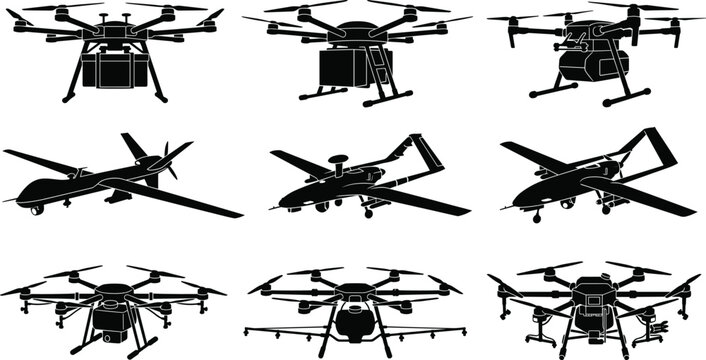 Industrial and Military Drone Silhouette Vector Set with Delivery Cargo Agricultural and UAV Plane Models