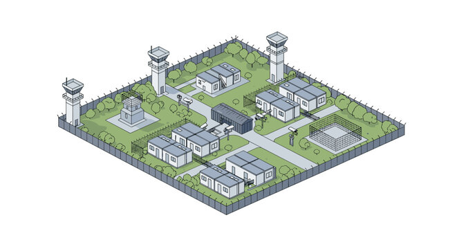 Isometric layout of a high security prison or military compound with watchtowers, fences, and barracks on a green field.