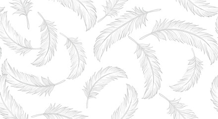 Fototapeta premium Seamless monochrome pattern of delicate bird feathers drawn with fine lines on a clean white background for elegant wallpaper design.
