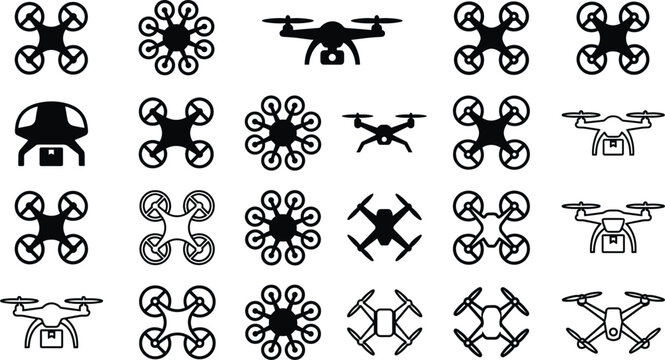 Drone and UAV Icon Vector Set with Various Quadcopter Multicopter and Delivery Models in Solid and Outline Style