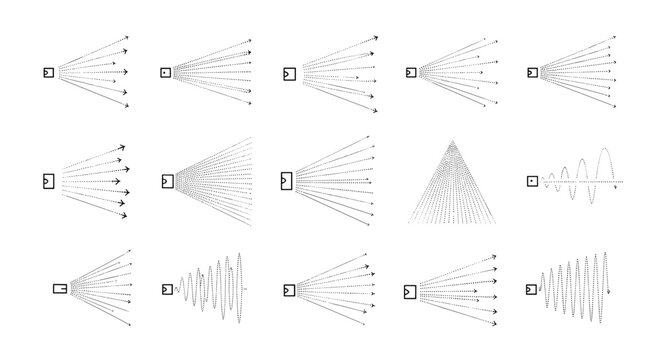 Technical diagram showing various sound wave propagation patterns and signal dispersion from a source point on a white background.
