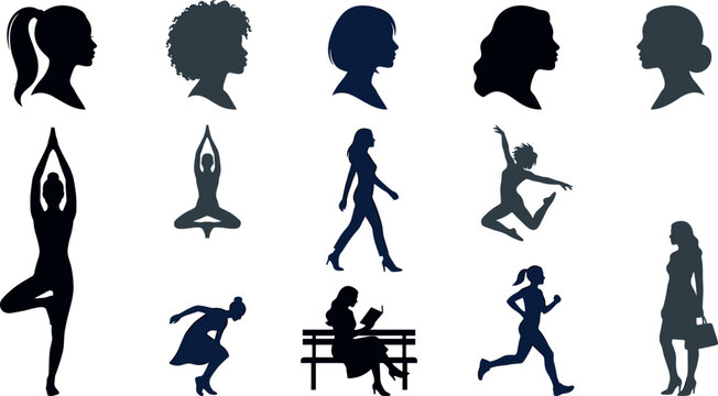 Woman Silhouette Vector Illustration Set with Avatar Head Profiles, Yoga Poses, Walking, Running, Reading, and Dancing Figures for Lifestyle Graphic Designs