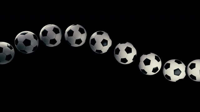 3D soccer balls flying in a wave pattern with copy space and transparent background alpha channel, seamless loop for sport broadcast overlay and football content 16:9