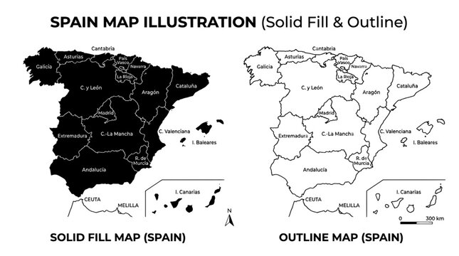 Spain Map Illustration: Solid Fill and Outline Versions