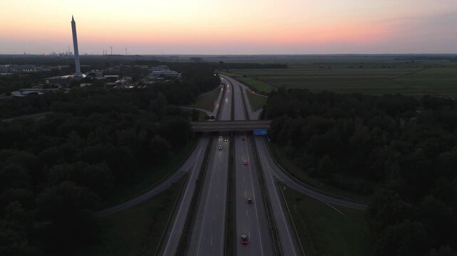 Autobahn highway junction at sunset aerial view near Bremen Germany
