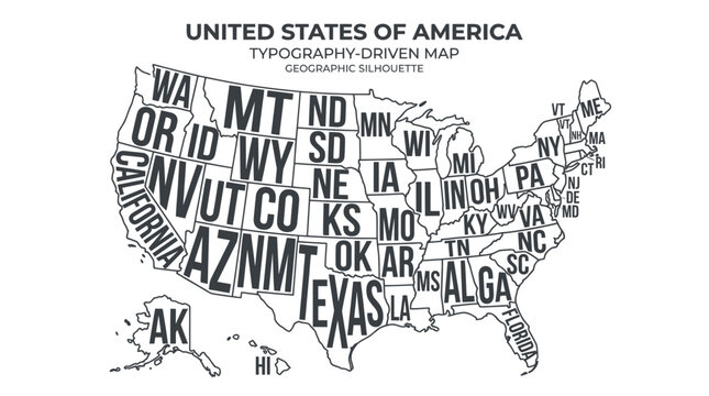 United States of America Typography Map - Geographic Silhouette with State Names