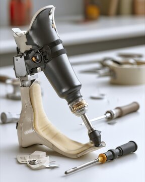 Close-up of prosthetic leg socket with foam liner and adjustment tools on lab table