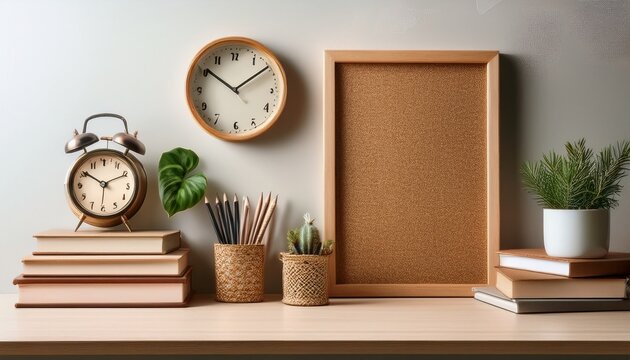 study desk back to school organization workspace books stationery corkboard clock plants wall art modern home office decor