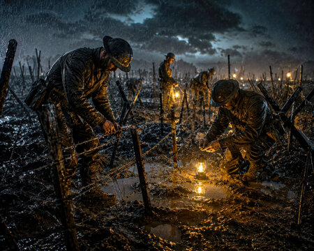 World War I barbed wire defense diorama with soldiers fortifying frontline positions at night