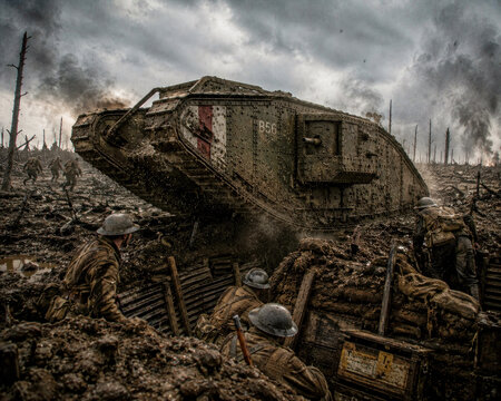 World War I Mark IV tank diorama advancing across devastated battlefield during major offensive