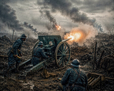 World War I field artillery diorama firing across devastated battlefield during major offensive