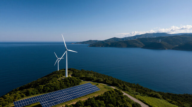 Scenic aerial view of solar panels and wind turbines on a hill by the ocean, offshore and onshore renewable energy concept, with copy space