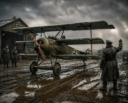 World War I German fighter aircraft diorama preparing for takeoff from muddy frontline airfield
