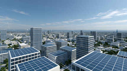 Fototapeta premium Futuristic cityscape powered by a solar grid with panels on every rooftop and smart energy lines connecting all buildings, with copy space
