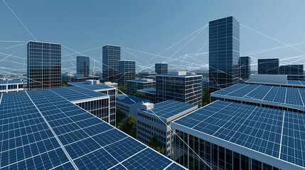 Obraz premium Futuristic cityscape powered by a solar grid with panels on every rooftop and smart energy lines connecting all buildings, with copy space