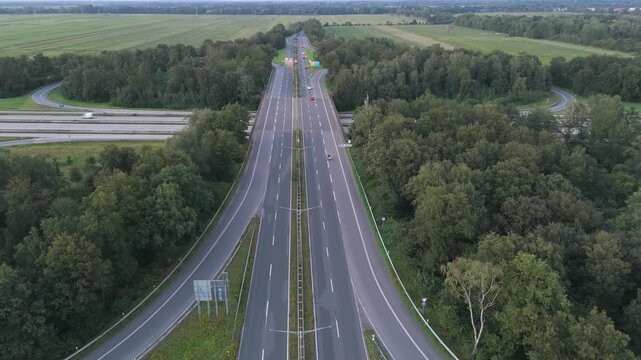 Autobahn highway road split through forest aerial Bremen Germany