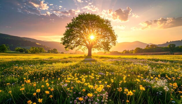 A serene landscape of a tree in a field of yellow flowers at sunset