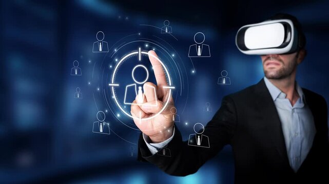 A business professional explores virtual reality technology, interacting with digital avatars to enhance user experience in a modern office context. Raster
