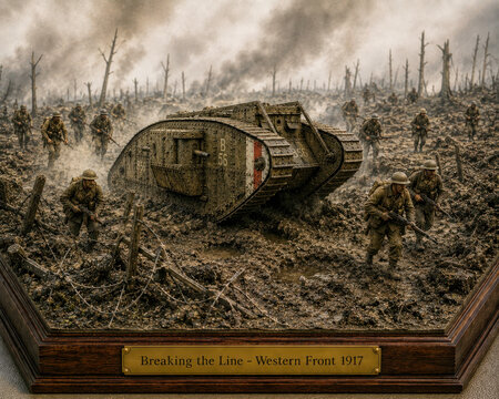 Breaking the Line, Western Front 1917 Diorama with Mark IV Tank and Infantry
