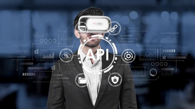 Business Professional Engaging with Virtual Reality Technology in Modern Office Environment Showcasing API Integration and Digital Innovation. Entropy.