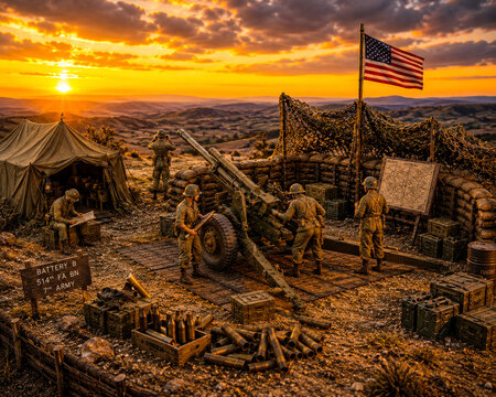 US Army Artillery Battery at Sunset During World War II