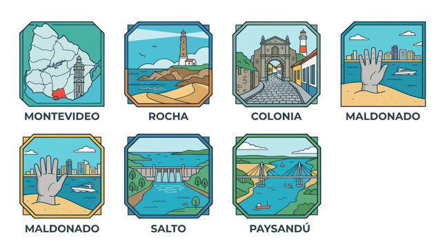 Uruguay Destinations: Montevideo, Rocha, Colonia, Maldonado, Salto, Paysand&uacute; Icons