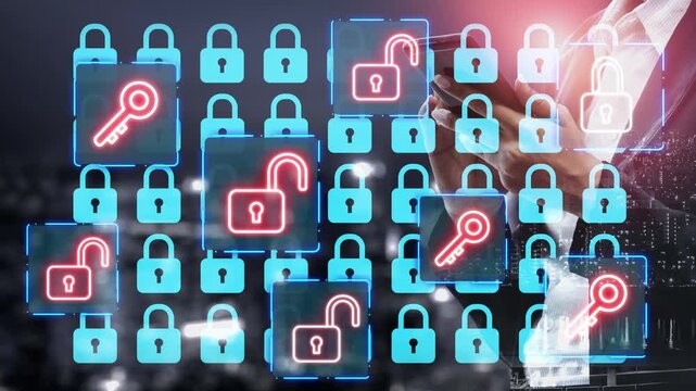 Abstract representation of digital security concepts with padlocks and keys to illustrate cybersecurity technology and personal data protection in a modern urban setting. Entropy.