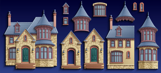 Set of separate victorian luxury mansions with turrets, stone facades and pointy roofs in paper cut style. Vector gothic house architectural collection on blue. © KTVector