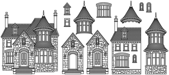 Fototapeta premium Set of separate vector victorian luxury mansions with turrets, stone facades and pointy roofs. Hand drawn gothic house architectural collection
