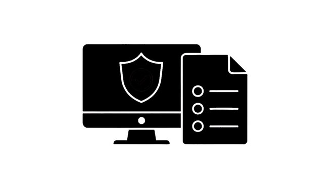 Minimal black silhouette icon, simple flat vector, bold black shape, no, no shading computer monitor with security shield icon and checklist document on a, flat icon style