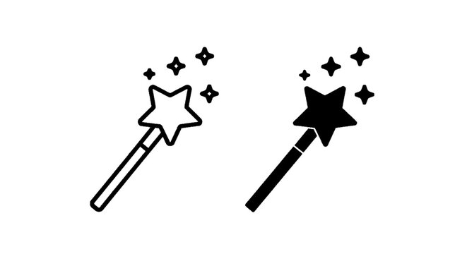 Minimal black silhouette icon, simple flat vector, bold black shape, no, no shading magic wand icon set, vector illustration on a, flat icon style