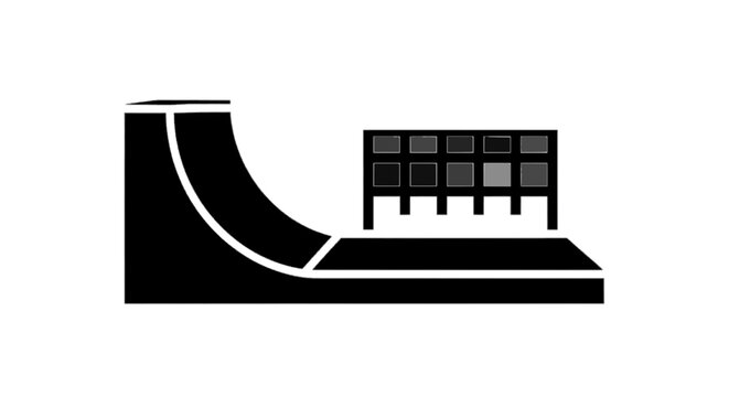 Minimal black silhouette icon, simple flat vector, bold black shape, no, no shading skate ramp icon, side view of a half pipe structure for extreme sports on a, flat icon style
