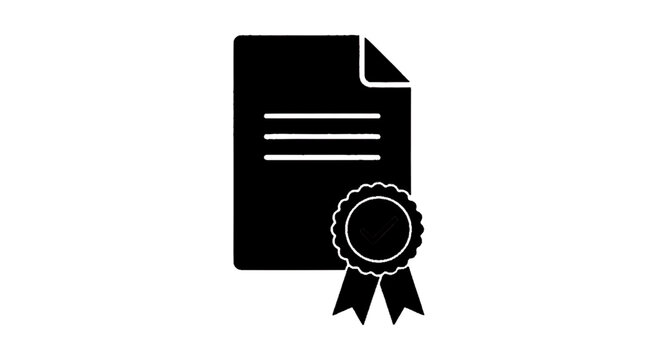 Minimal black silhouette icon, simple flat vector, bold black shape, no, no shading certified document icon, official certificate with check mark symbol on a, flat icon style
