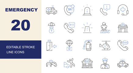 Emergency and Rescue Editable Stroke Line Icons Set. Ambulance, Emergency Call, CPR, Police and SOS Vector Illustration © Binaya