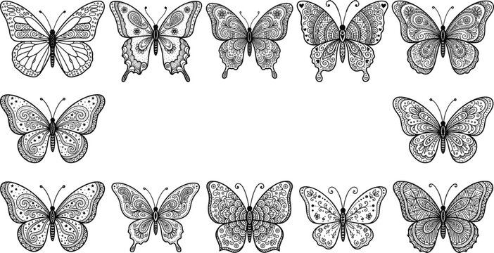 Mandala Butterfly Line Art Vector Set with Ornamental Bohemian Pattern Insect Drawings for Coloring Book