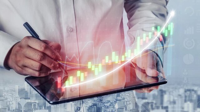 A business professional engages in financial analysis using a tablet, featuring dynamic graphs and charts, reflecting growth and market trends in a modern office environment. Copula