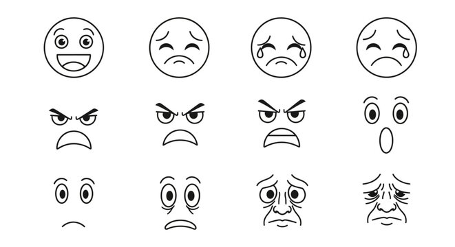 A variety of cartoon faces with different emotions.