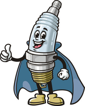 Superhero spark plug mascot cartoon with thumbs up pose