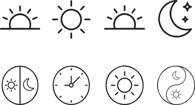 Line icons of sun moon clock and time of day concepts