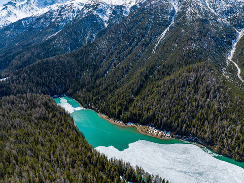 Aerial view of a turquoise alpine Lai da Ova Spin lake with partially frozen ice surrounded by dense evergreen forests and snow-capped mountains in Val Mustair, Grisons, Switzerland.