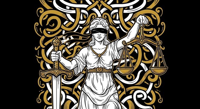 Lady Justice with scales and sword in celtic knot style illustration