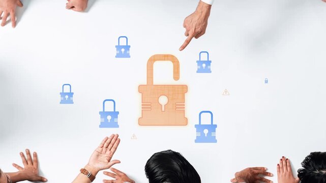 A group of professionals engaged in a discussion about digital security, featuring a prominent lock icon and various warnings, emphasizing the importance of data protection. Raster
