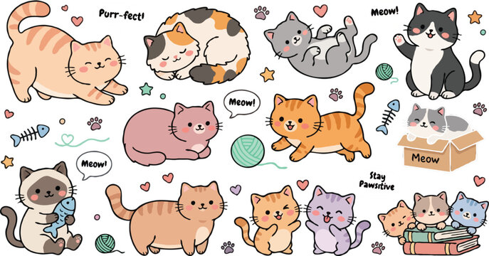 Colorful Cartoon Pets Collection Illustration with Cats and Dogs in Playful Flat Design