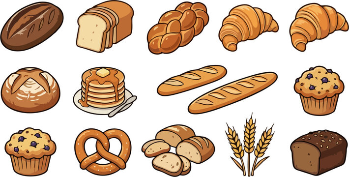 Bakery Bread Sticker Set &mdash; Croissant Pretzel Muffin Baguette Challah Pancake Wheat Cartoon Cut Out Collection