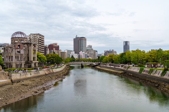 Ota River channel with the historic Atomic Bomb Dome memorial in Hiroshima, Japan