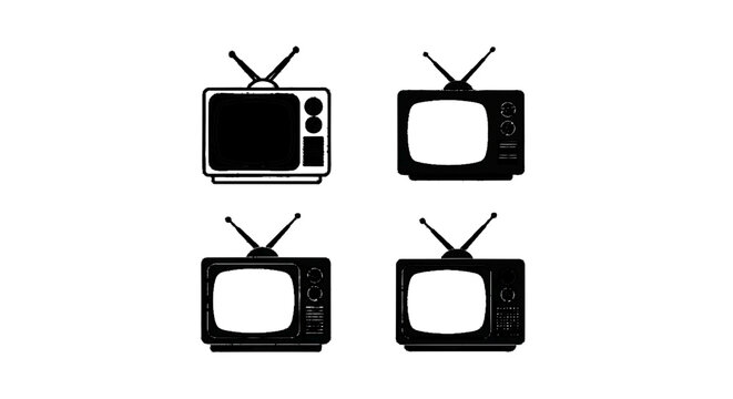 Minimal black silhouette icon, simple flat vector, bold black shape, no, no shading set of vintage television icons, retro tv with antenna, on a, flat icon style