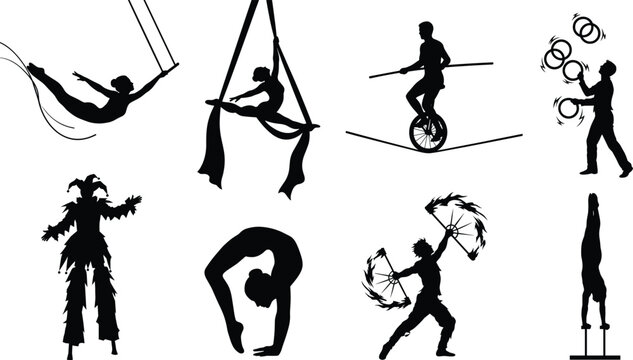 Circus and acrobat performance black vector silhouette icons set featuring trapeze aerialist juggler and fire performer