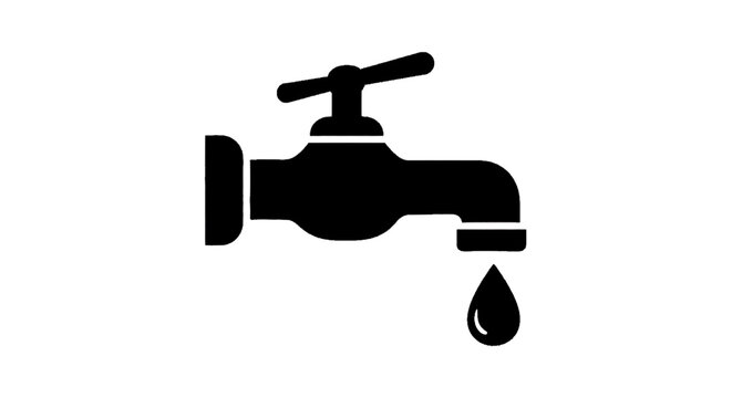 Minimal black silhouette icon, simple flat vector, bold black shape, no, no shading water faucet with dripping water on a, flat icon style